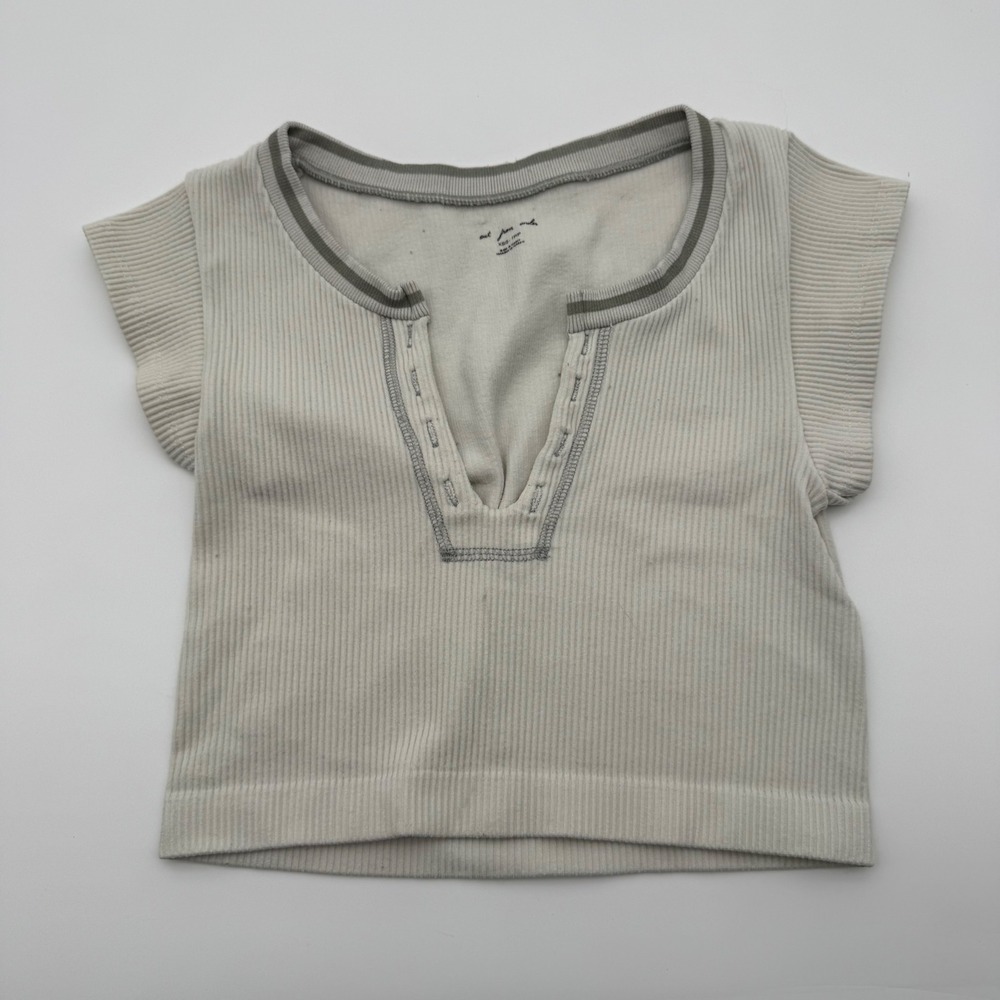 Out From Under Urban Outfitters Ribbed Split Neck Crop Top Off White Grey XS/S